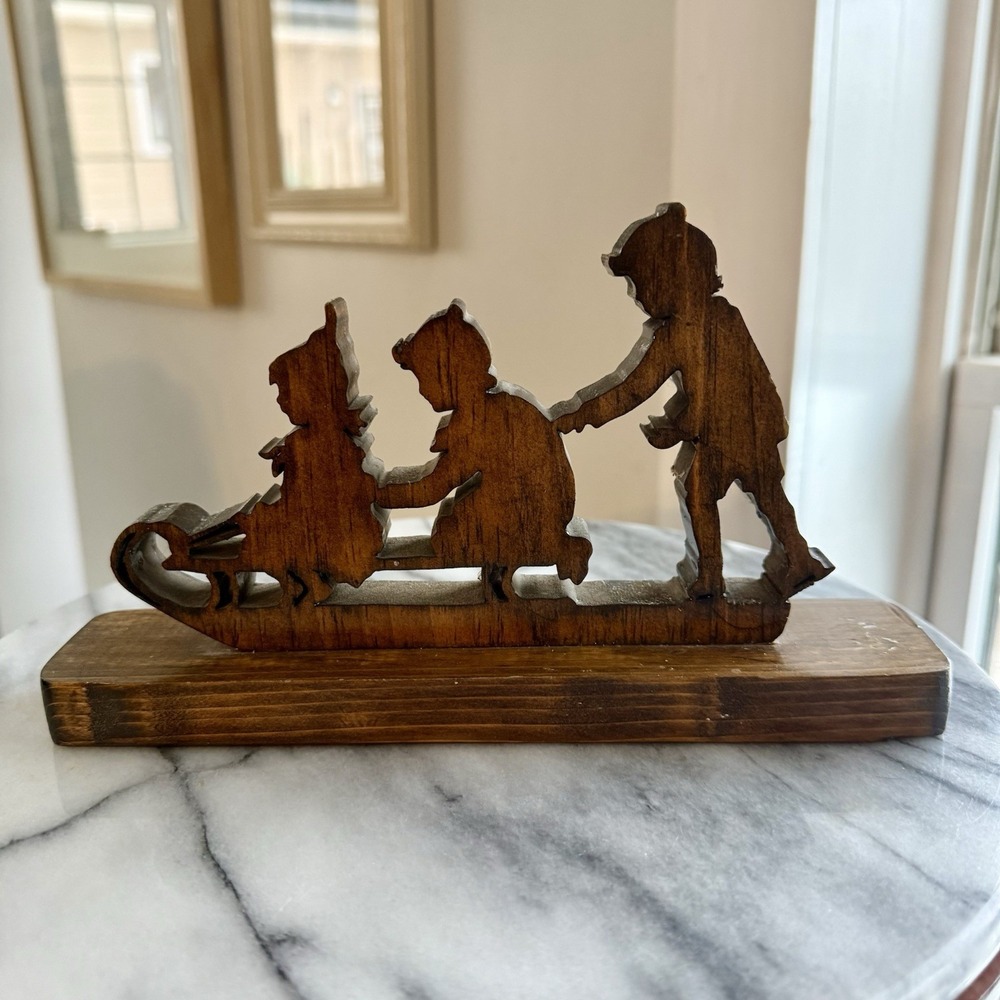 Vintage Handmade Wood Children On A Toboggan Skates Intricate Cut Out Decor Cute
